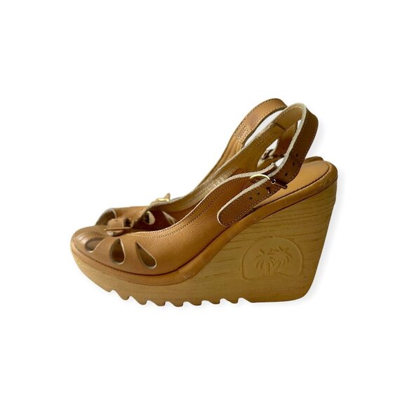 1970s Tan Leather Wedge Sandals by Sears The Shoe Place – Size 5B – Made‎ in USA - Picture 1 of 10